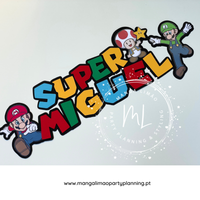 Texto colorido 'SUPER MIGUEL' com personagens do Super Mario e logotipo de MANGA LIMÃO