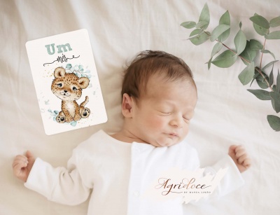 Bebé a dormir de branco com cartão a indicar um mês e ramo verde ao lado