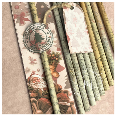 Lápis decorativos com etiqueta de Natal e embalagem com ilustração de Pai Natal