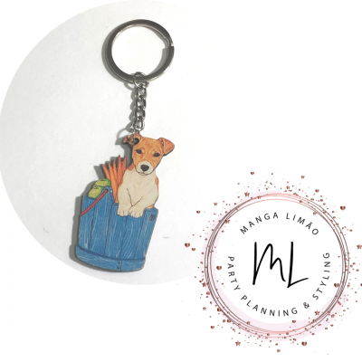 Porta-chaves com cão e cenouras em balde azul e selo MANGA LIMÃO