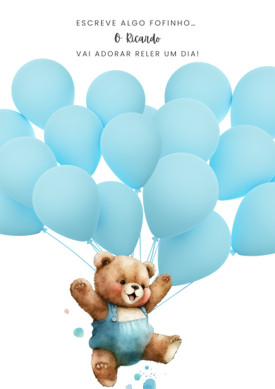 Ursinho com balões azuis e texto em português
