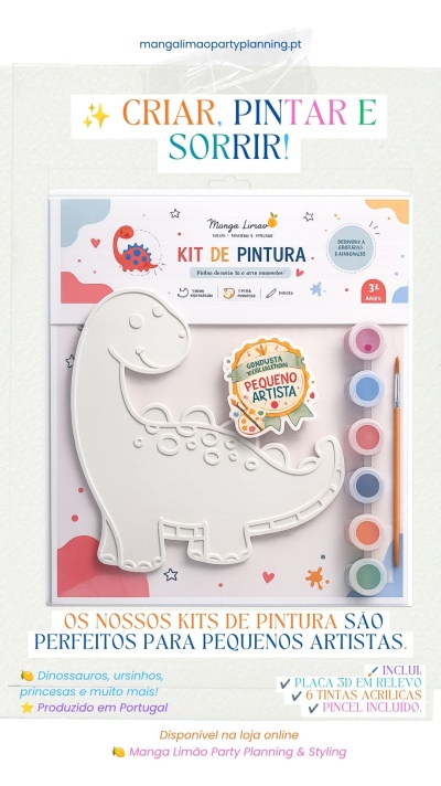 Kit de pintura infantil com placa de dinossauro e tintas coloridas