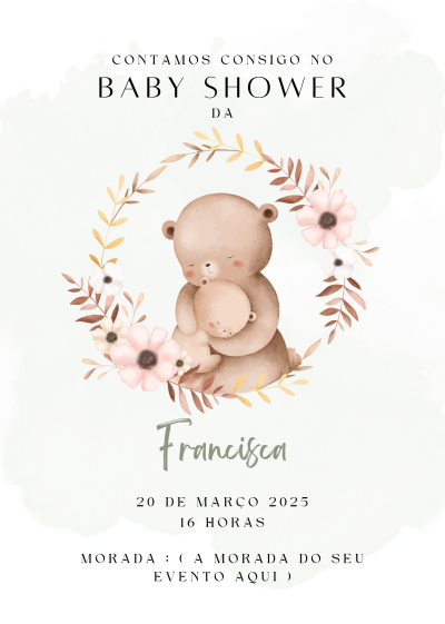 Convite Baby shower com ursos abraçados e flores