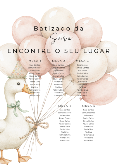 Cartaz de batizado com pato e balões cor de rosa e bege com lista de convidados
