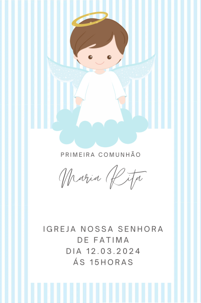Convite de primeira comunhão com anjo e texto detalhado