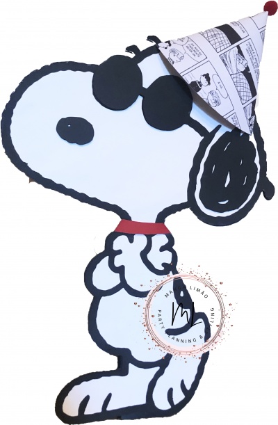 Desenho do Snoopy com chapéu de festa e selo decorativo