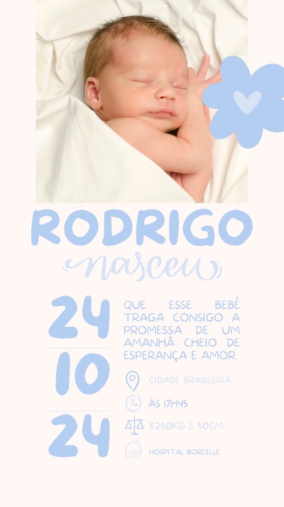 Anúncio de nascimento com foto de bebé adormecido e texto azul