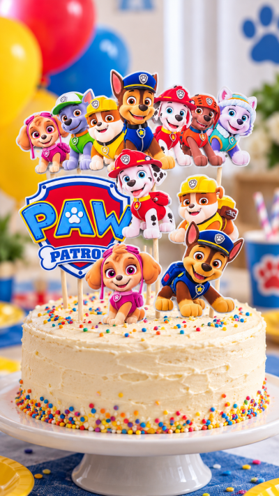 Bolo decorado com tema PAW PATROL egranulado colorido.