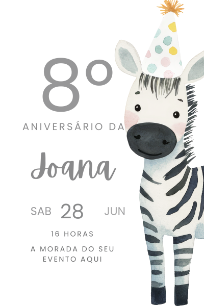 Convite de aniversário infantil com zebra e texto em cinza e preto