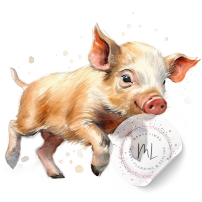 Ilustração de um porquinho cor de rosa claro segurando uma placa com texto e logo em fundo branco.