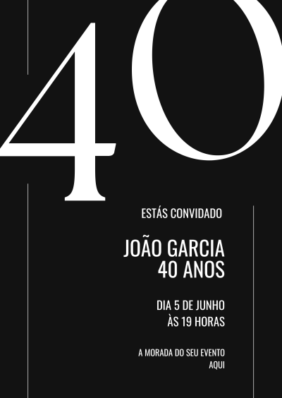 Convite de aniversário preto com texto branco e número 40 grande