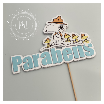 Topo de bolo 'Parabéns' com Snoopy e Woodstock em papel e palito de madeira