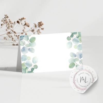 Cartão branco com folhas verdes aquareladas e etiqueta redonda com texto ML