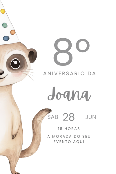 Convite de aniversário com suricato e texto do evento