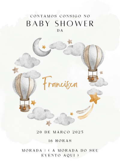 Convite baby shower com balões, nuvens, estrelas e texto em português