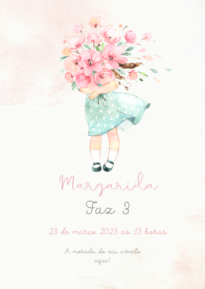 Convite de aniversário com criança e flores cor-de-rosa