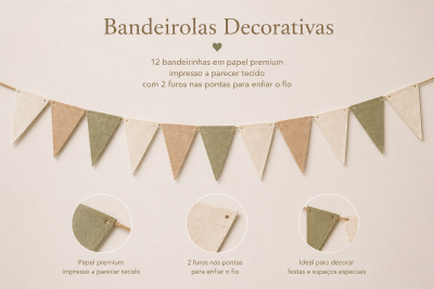 Bandeirolas decorativas em papel com aspeto de tecido em tons neutros, penduradas num cordel
