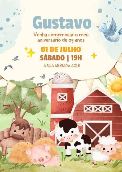Convite digital de aniversário com animais de quinta e celeiro vermelho