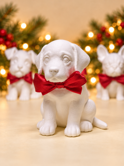 Estatuetas de cães brancas com laços vermelhos e iluminação natalícia ao fundo