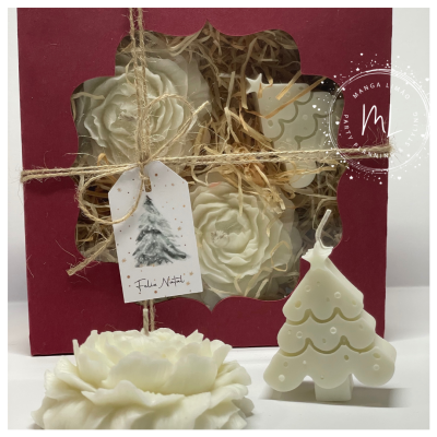 Conjunto de velas decorativas brancas em embalagem vermelha com janela