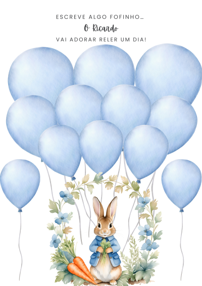 Ilustração de coelho com balões azuis e texto em português