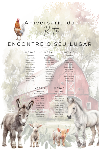 Cartaz de aniversário com celeiro vermelho, animais de quinta e lista de convidados em português