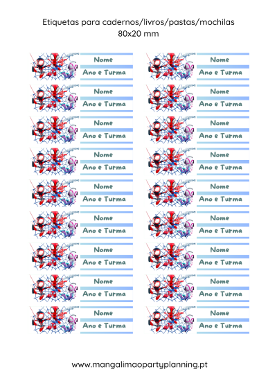 Etiqueta para cadernos com Homem-Aranha e campos para Nome e Ano e Turma