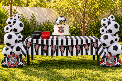 Mesa de aniversário com decoração de futebol, bolo branco com bola e número 24, balões e emblemas do Corinthians.