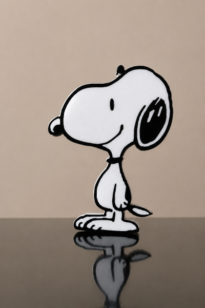 Boneco de Snoopy preto e branco em fundo bege