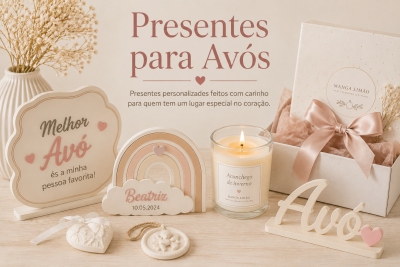 Presentes personalizados para avós com placa, arco-íris, vela e caixa decorada.