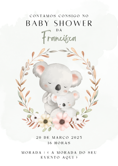Convite para baby shower com ilustração de dois coalas e moldura floral
