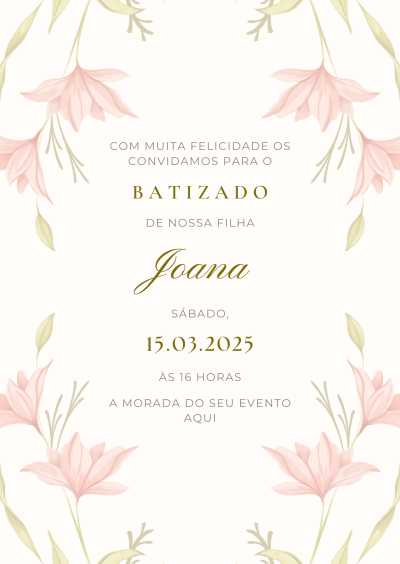 Convite para batizado com flores cor-de-rosa e texto em dourado em fundo branco