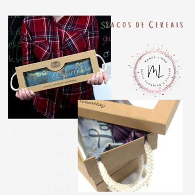 Embalagem de cartão com saco de cereais e alça de corda branca