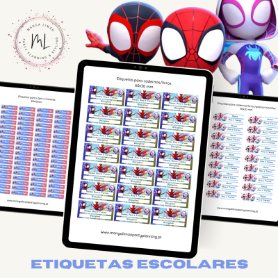 Páginas digitais de etiquetas escolares com temas do Homem-Aranha e vários nomes, mostradas num tablet com bonecos de Homem-Aranha ao fundo