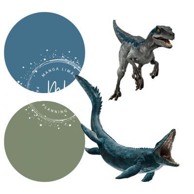 Dois dinossauros, um cinza com azul e outro azul escuro, sobre fundo branco com círculos com texto.