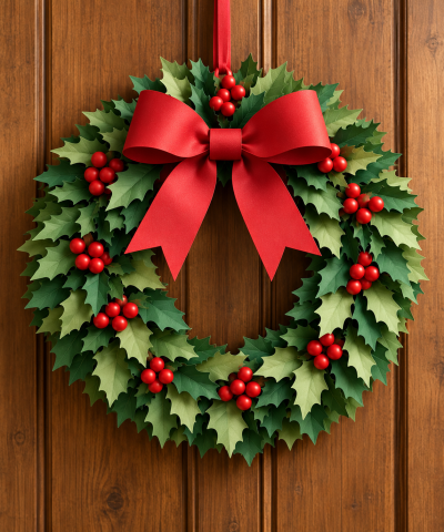 Guirlanda de Natal com folhas verdes e frutos vermelhos pendurada numa porta de madeira