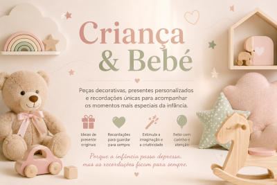 Cenário infantil com brinquedos de madeira, urso de pelúcia e texto sobre peças decorativas para crianças em português