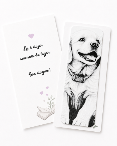 Marca-páginas com imagem de cão e cartão com texto em português