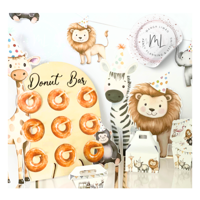 Expositor de donuts com tema de animais de safari em festa
