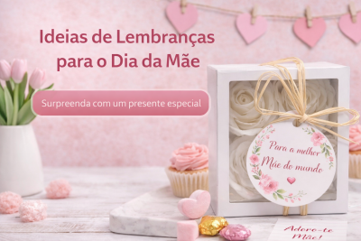 Caixa branca com flores e etiqueta para presente Dia da Mãe com decoração cor-de-rosa