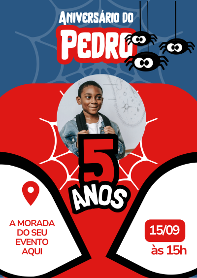 Convite de aniversário com foto de menino, aranhas e texto em português