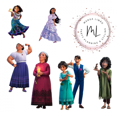 Personagens animados coloridos com roupas tradicionais e logotipo circular de MANGA LIMÃO PARTY PLANNING & STYLING