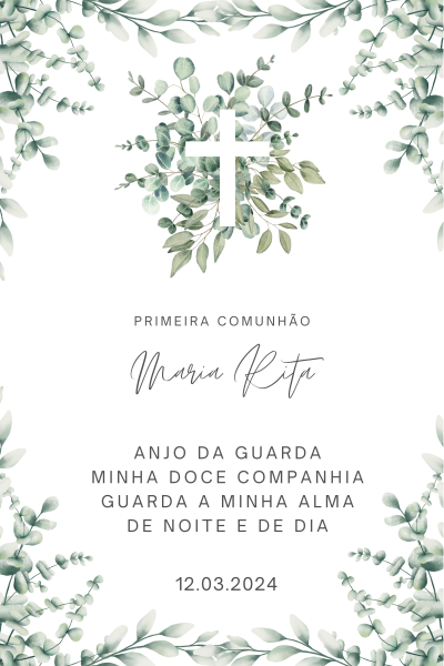 Convite de primeira comunhão com cruz branca e folhas verdes no fundo branco