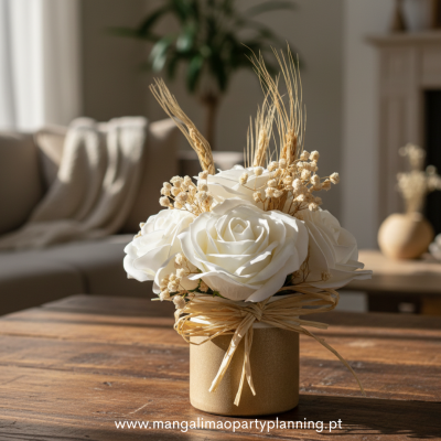 Arranjo floral com rosas brancas, flores secas e espigas em vaso bege sobre mesa de madeira.