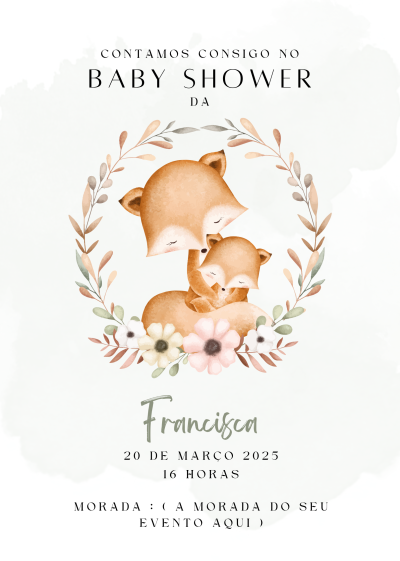 Convite de baby shower com raposas e coroas de folhas e flores