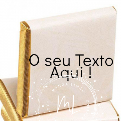 Barra de chocolate com embalagem branca e dourada com texto personalizado