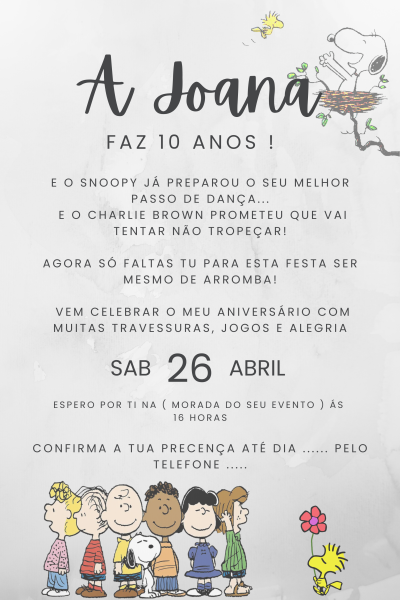 Convite de aniversário infantil com personagens dos Peanuts e texto em português.