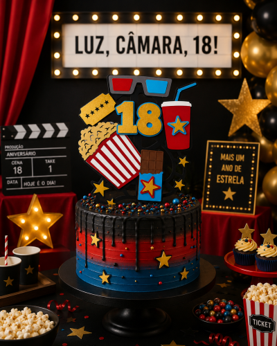 Bolo de aniversário colorido com decoração de cinema e topper 18.