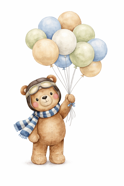 Ilustração urso segurando balões coloridos em fundo branco