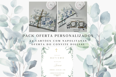 Pack oferta personalizado com cartões florais e convite digital de batismo